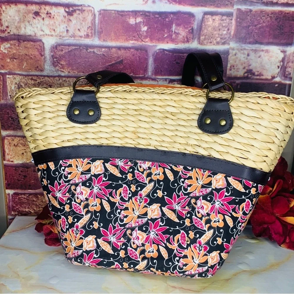 Woven Rattan and Canvas Beaded Floral Market Tote